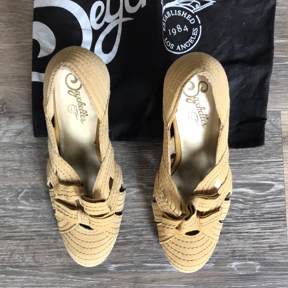 Seychelles yellow suede bow tie heels